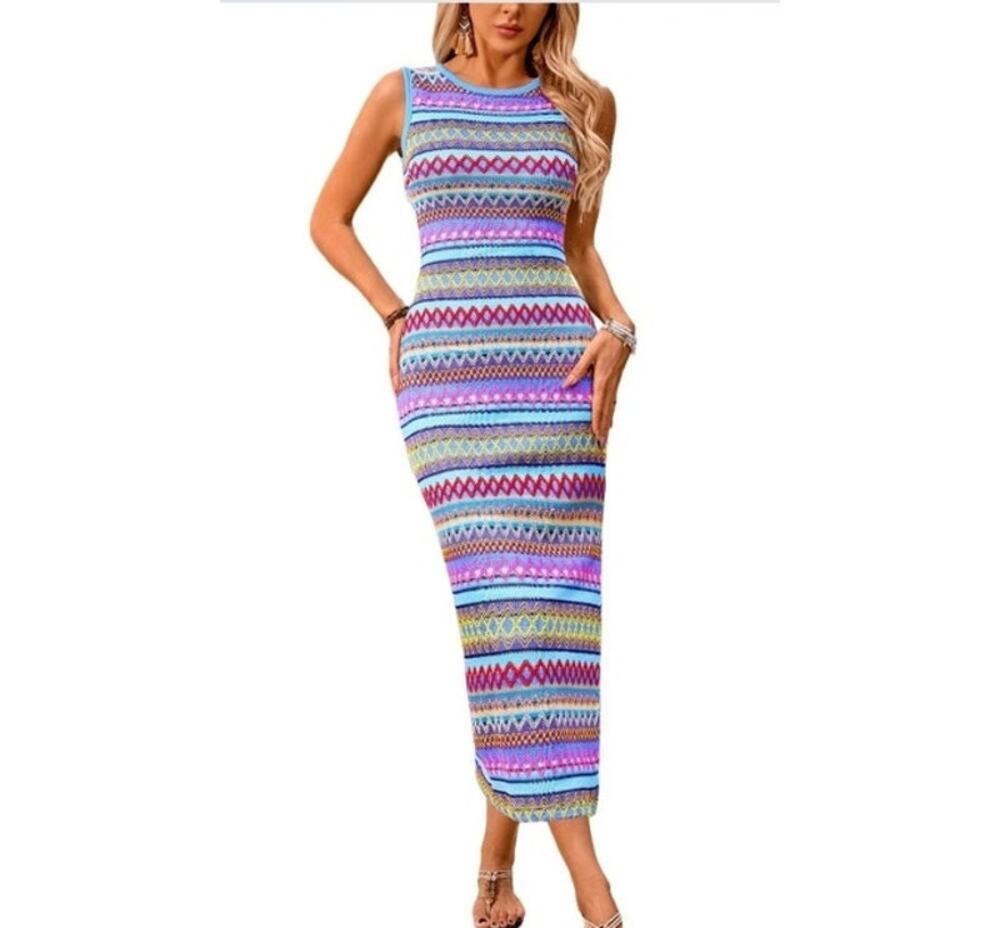 Pretty Garden Striped Side Slit Bodycon Casual Maxi Sleeveless Tank Dress Med